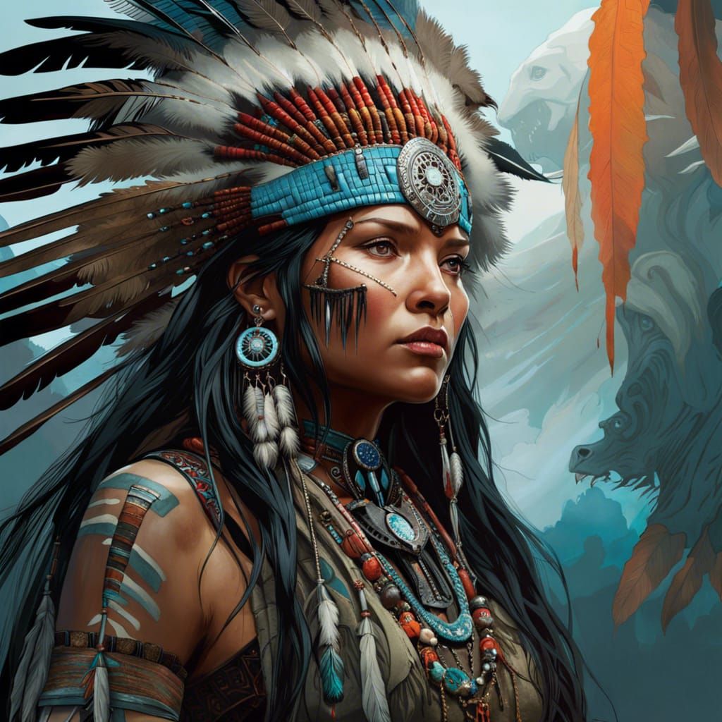 Fantasycore Native American Woman, Detailed Digital Art