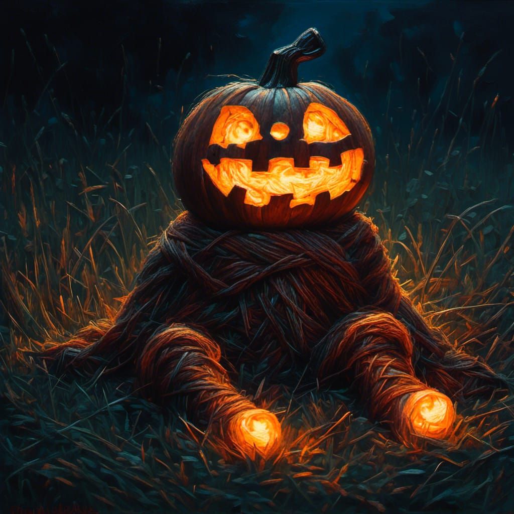 Yarn Jack-O'-Lantern in Dark Romantic Oil Painting