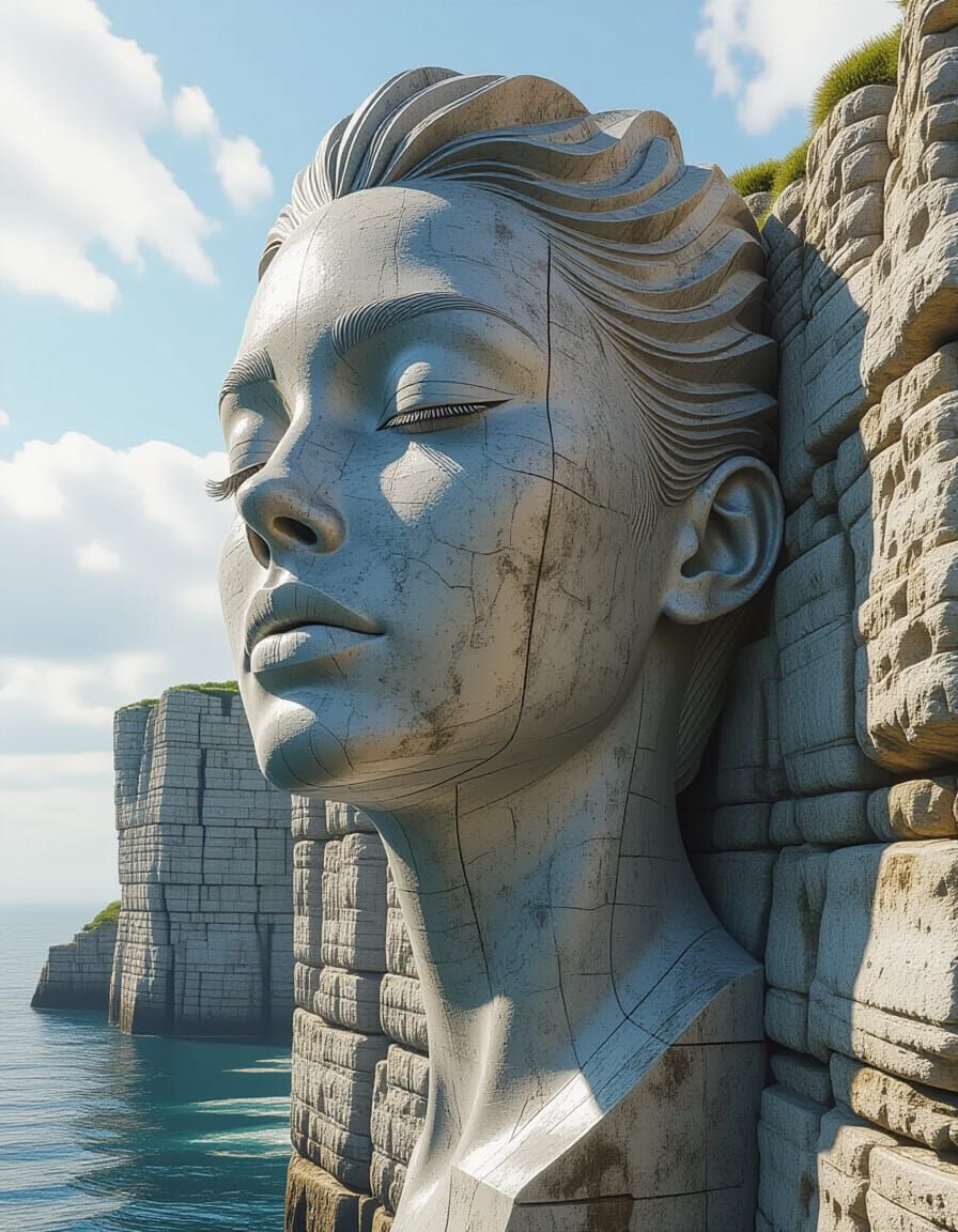 Hyper-Detailed Art Statue in Cliffs, Realistic Portrait Styl...