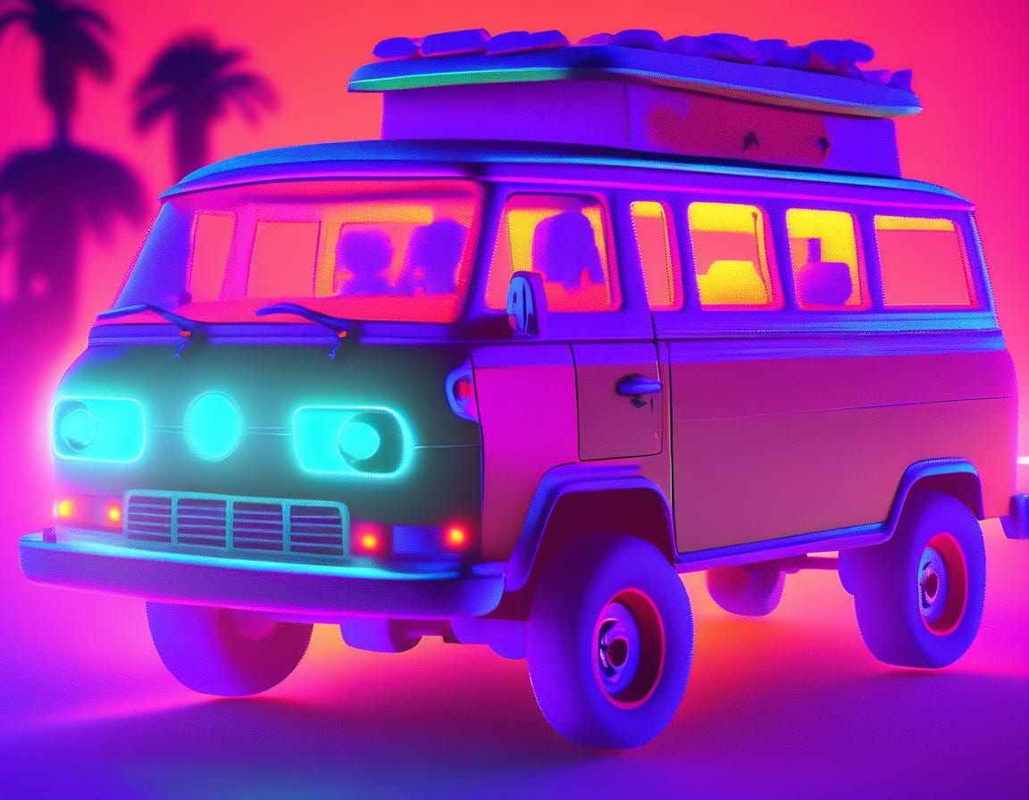Van Drives Down Beach in Pixar-Style 3D Art
