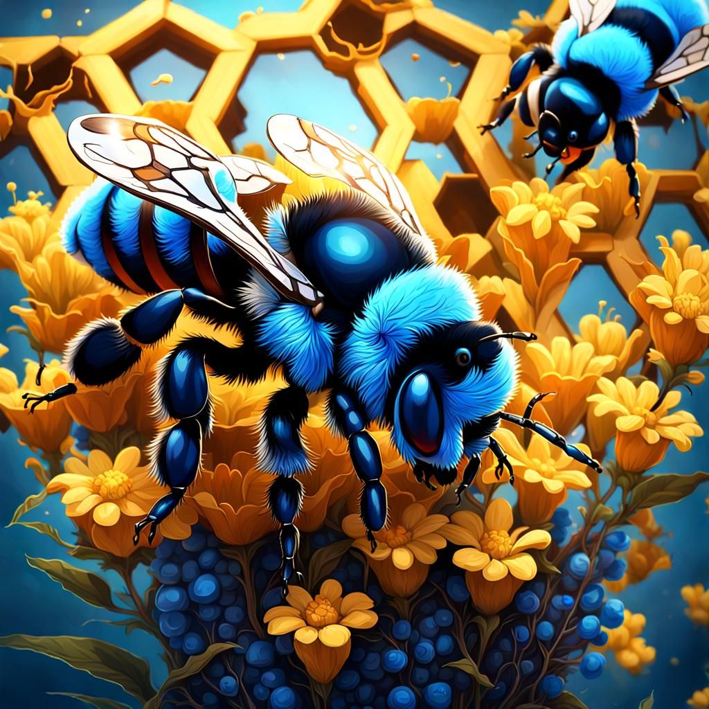 Blue Bumble Bees and Beehive: Hyperdetailed Portrait