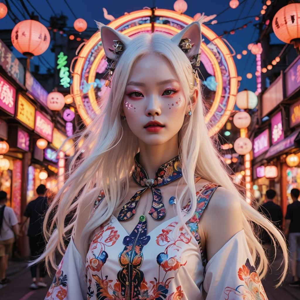 Albino Model with Cat Features in Psychedelic Japanese Scene