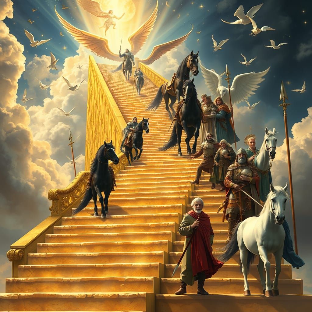 Golden Stairway to Heaven with Angels and Warriors