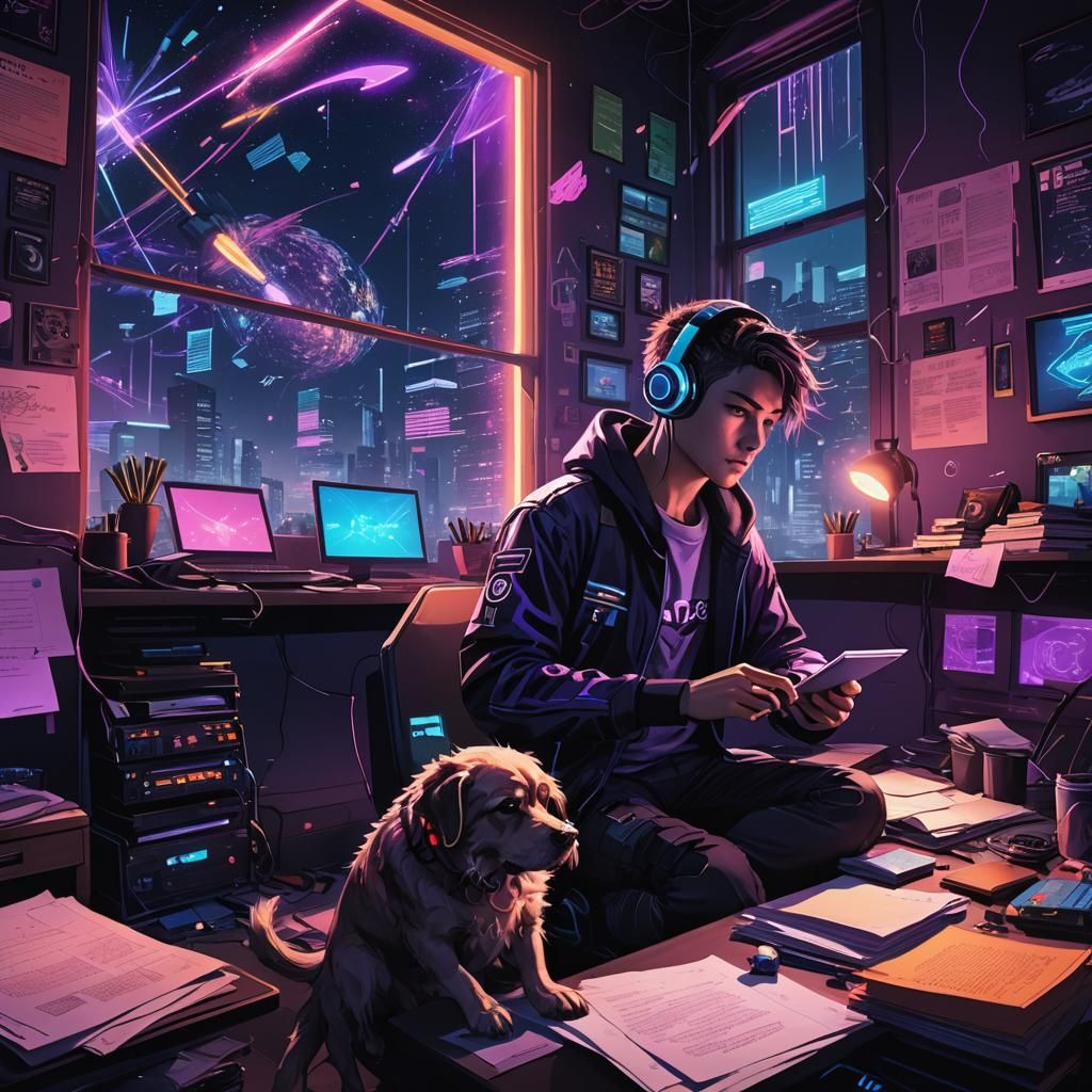 Cyberpunk Boy Studying Under Neon Lights at Night