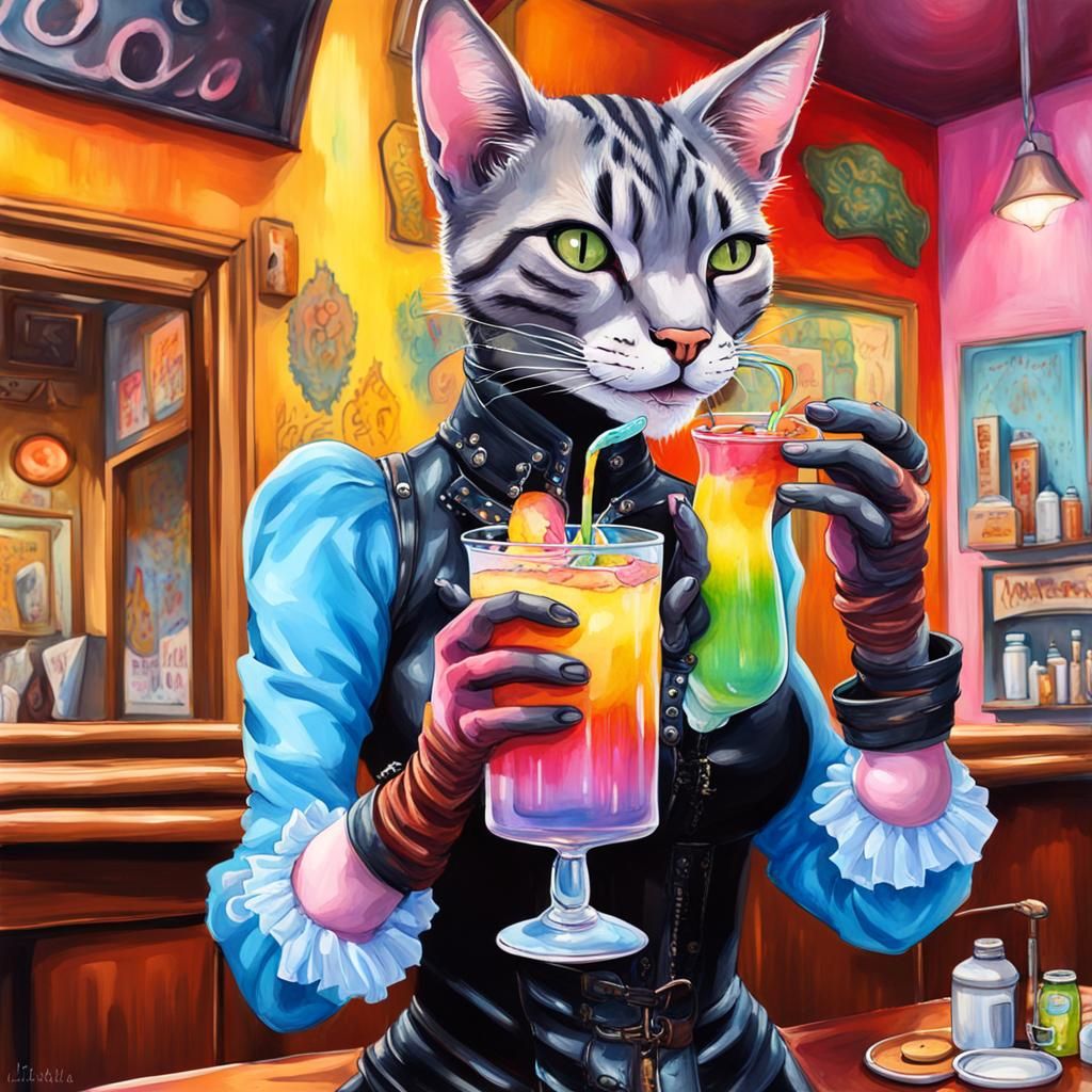 Colorful Goth Cat-Lady Enjoying Rainbow Drink