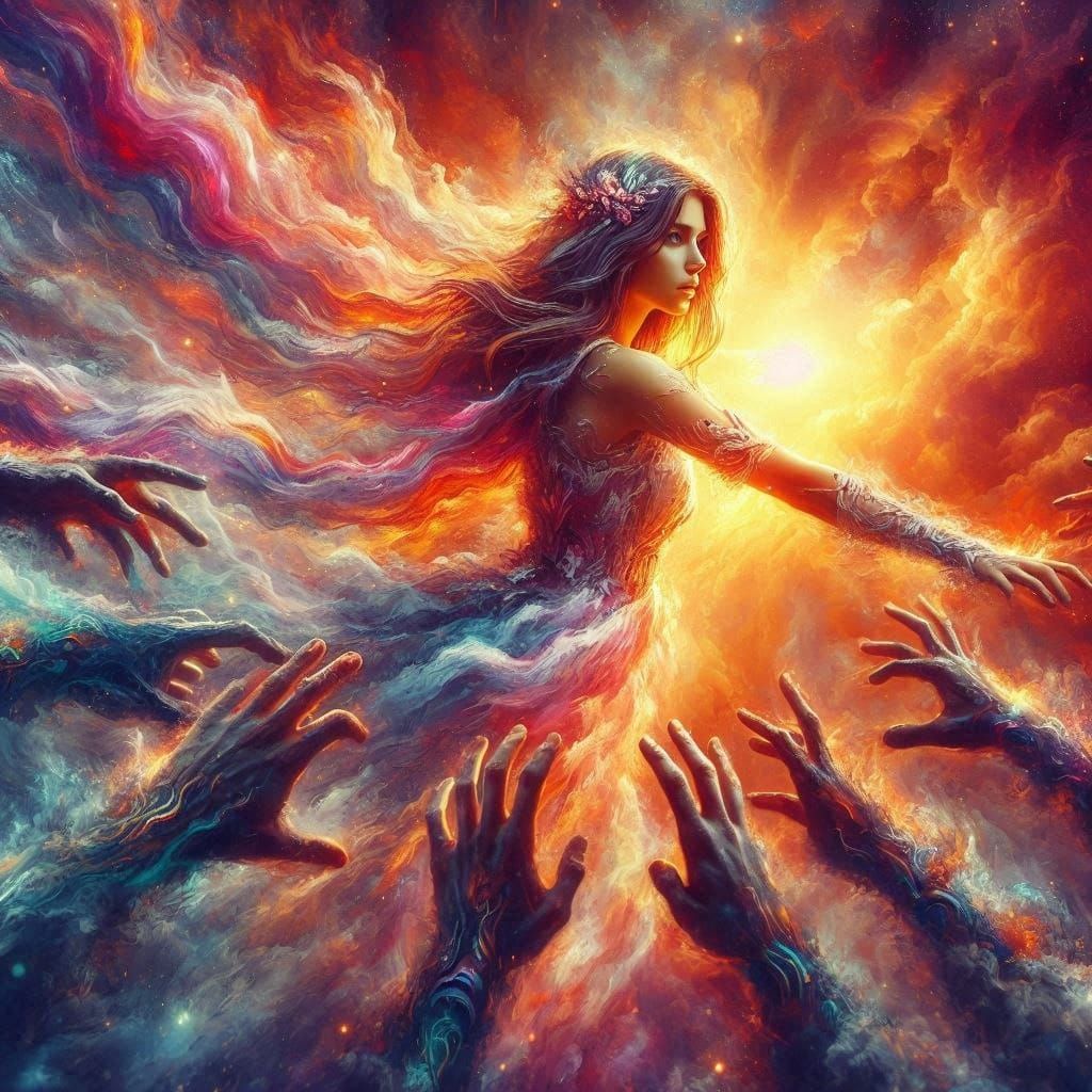 Colorful Fantasy Art: A Woman Touched by Multiversal Hands