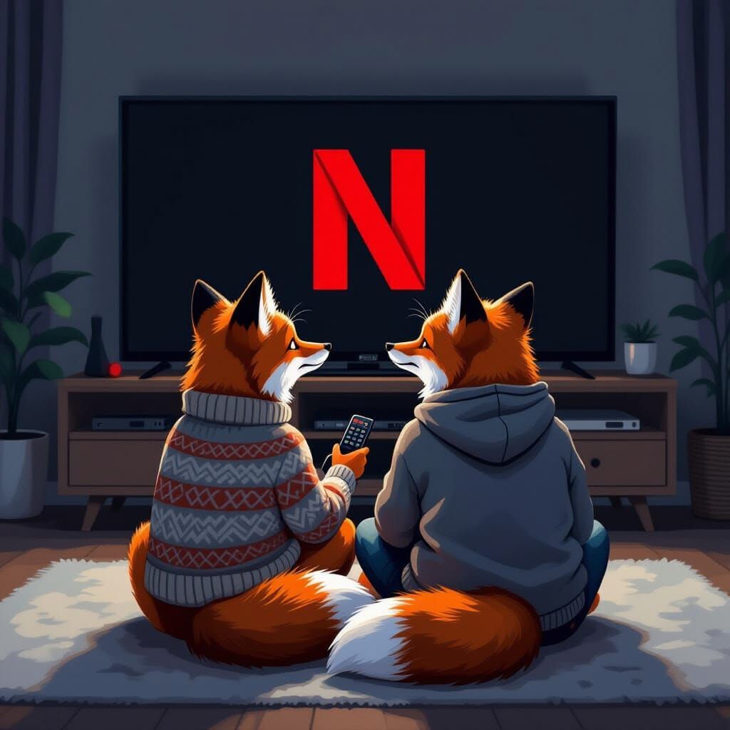 Foxes Cuddling in Sweaters Watching TV