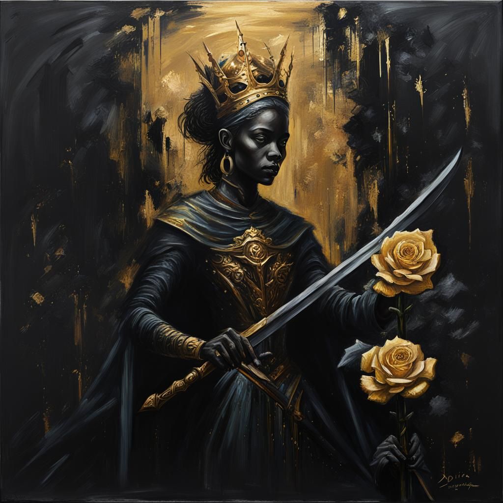 Queen of Swords Painting with Golden Rose-Sword