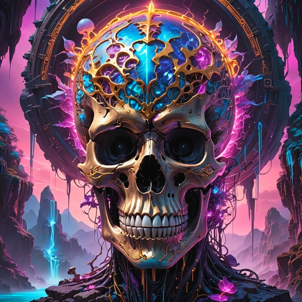 Intricate Human Skull with Ethereal Landscape