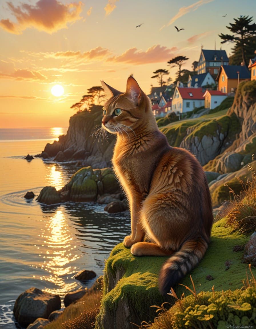 Abyssinian Cat Gazing at Sea in Watercolor Style