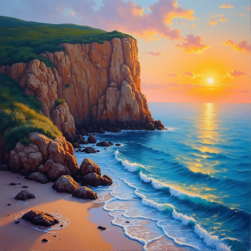 Golden Cliffs at Dusk: An Impressionist Impasto Painting