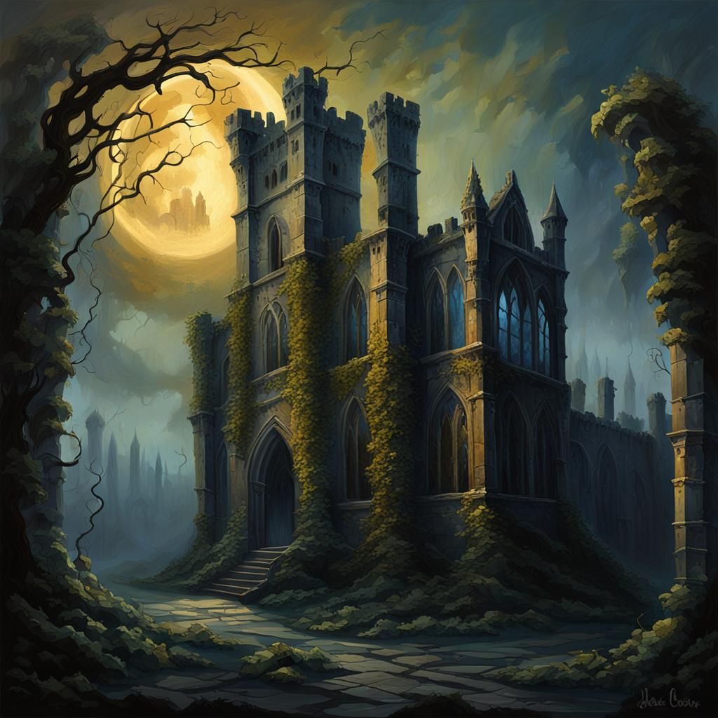 Gothic Castle Ruins in Moonlight: Oil Painting