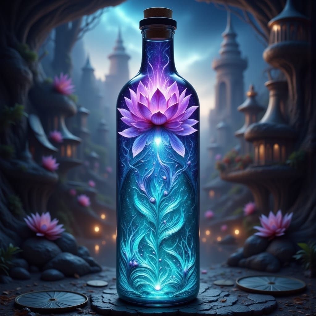 Ethereal Lotus in Glass Bottle Amidst Post-Apocalyptic Ruins