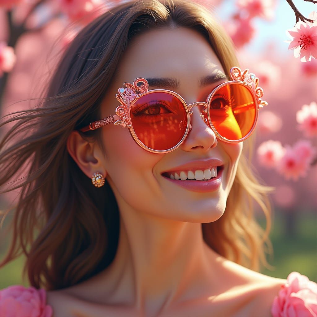 Radiant Woman in Sunglasses: Hyperrealistic Spring Portrait