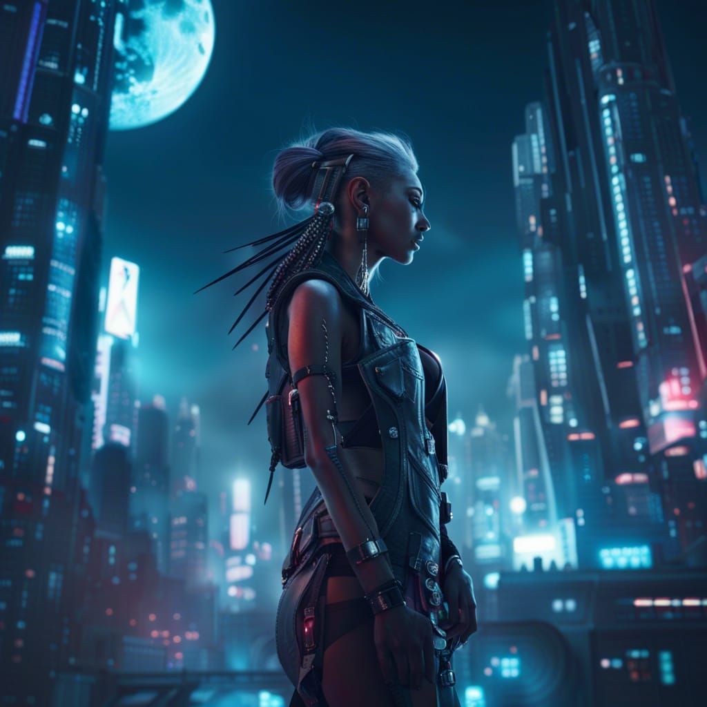 Cyberpunk Demon Woman in Futuristic City
