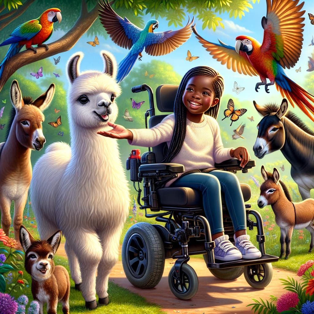 Girl in Power Wheelchair Greets Exotic Animals in Summer