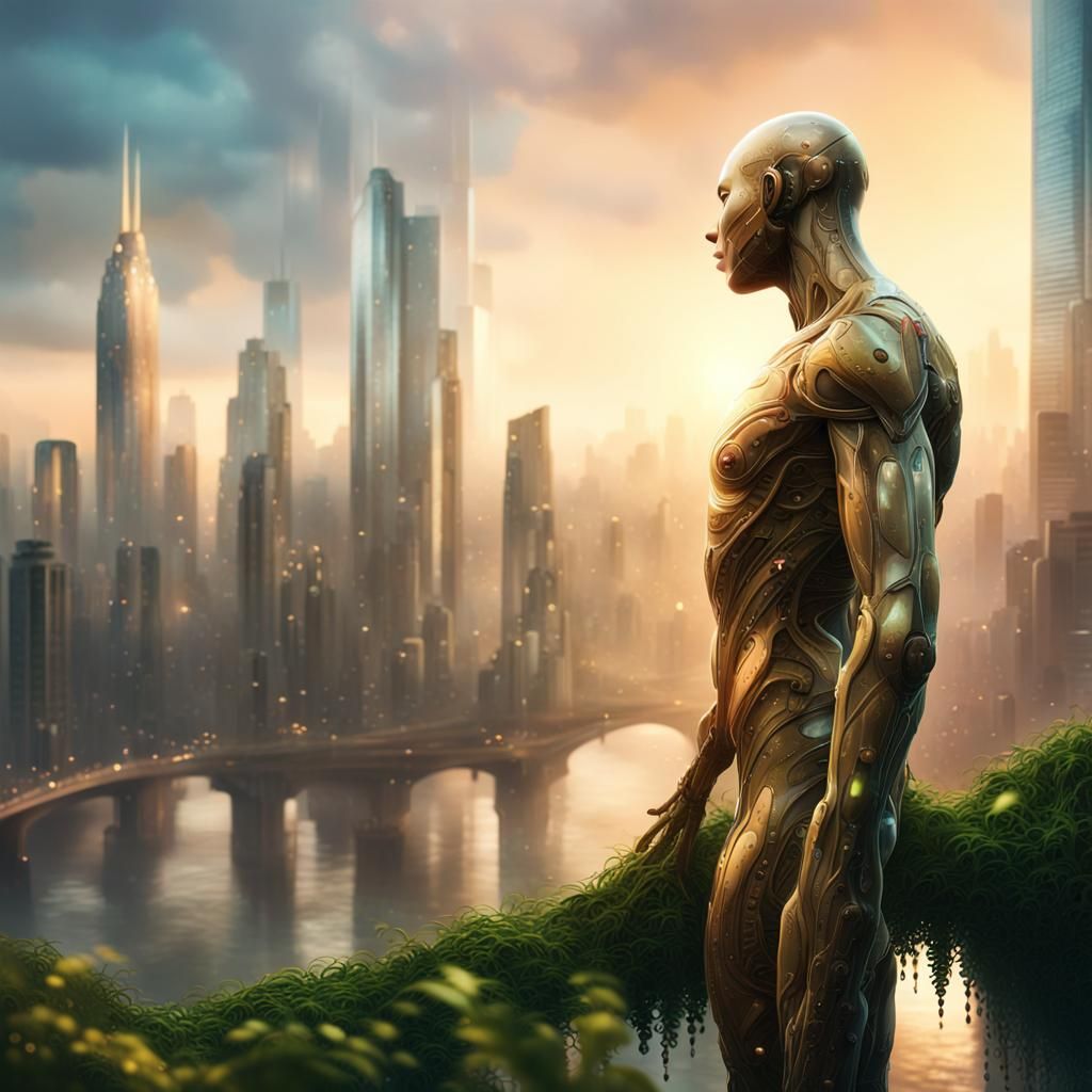 Futuristic Cityscape with Humanoid Figure in Photorealistic ...