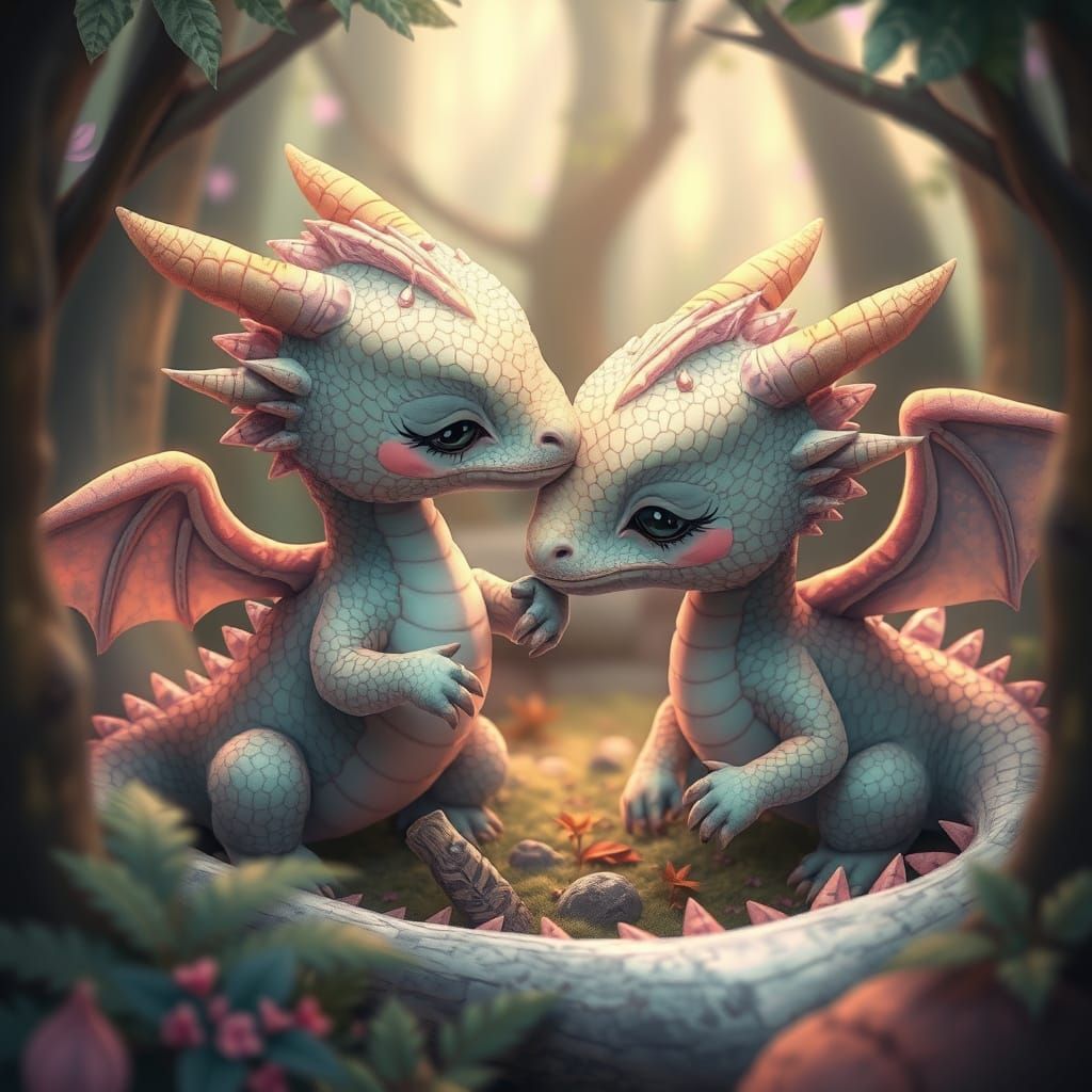 Whimsical Dragons in Pastel Hues Nuzzle in Enchanted Forest