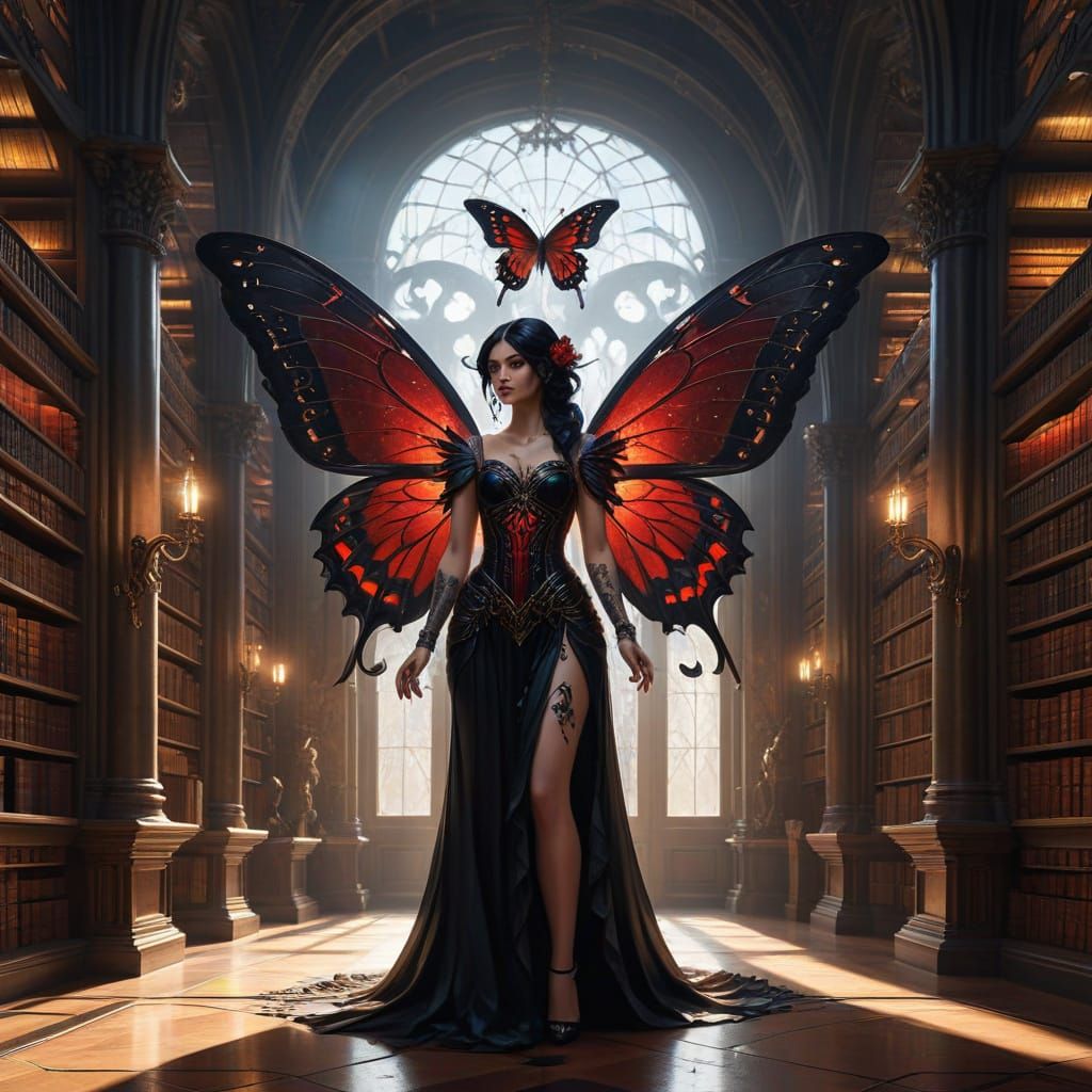Enchanted Fairy Amidst Ancient Tomes in a Grand Library