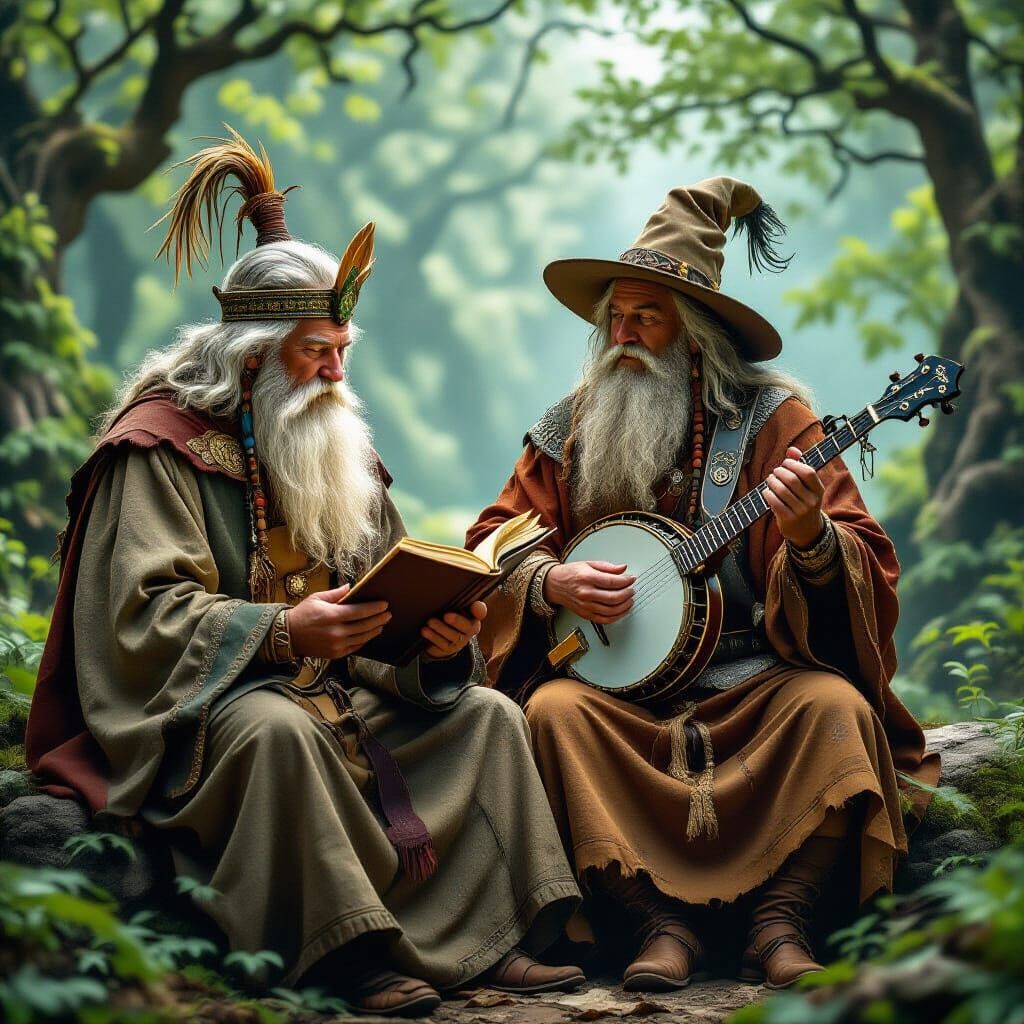 Ancient Druid Sage and Celtic Bard in Magical Scene