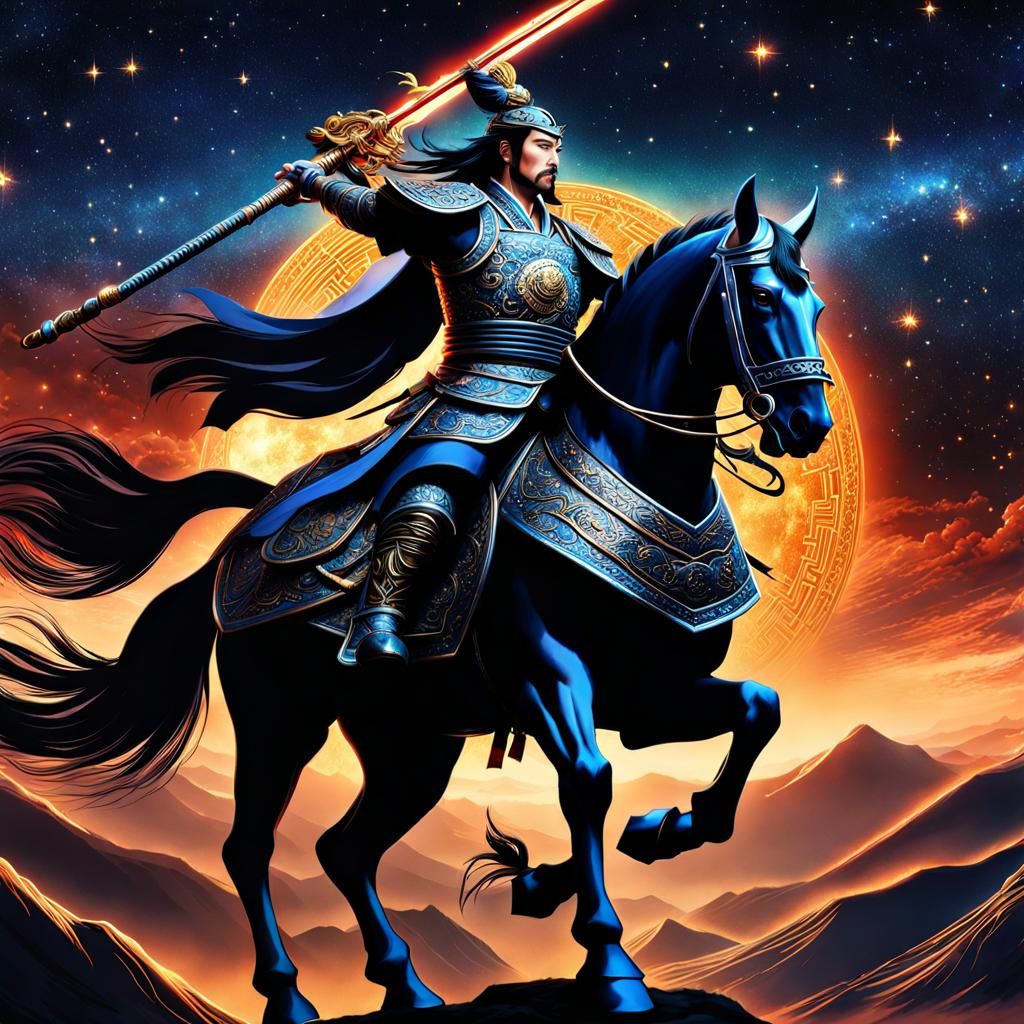 Detailed Lu Bu Illustration with Polearm Under Starry Sky