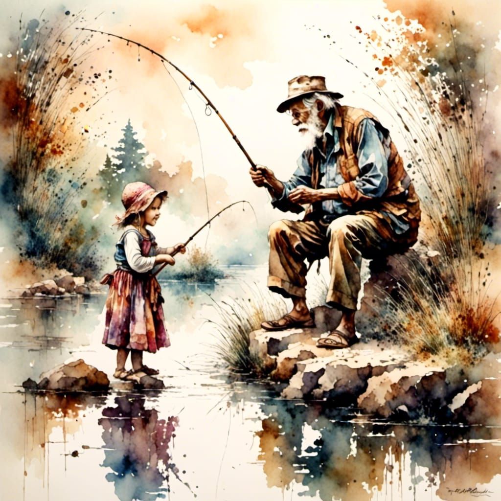 Joyful Fishing Scene in Watercolor Style