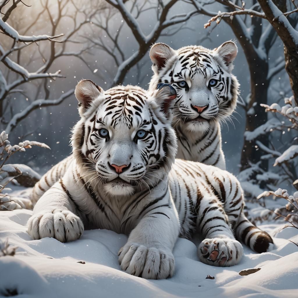 White Tiger Cub in Snowy Scene