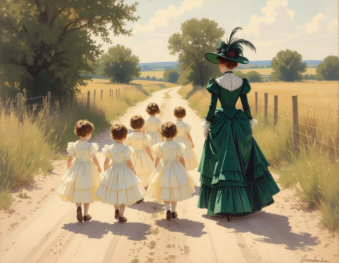 Victorian Governess Leads Boys in Dresses Down Dirt Road