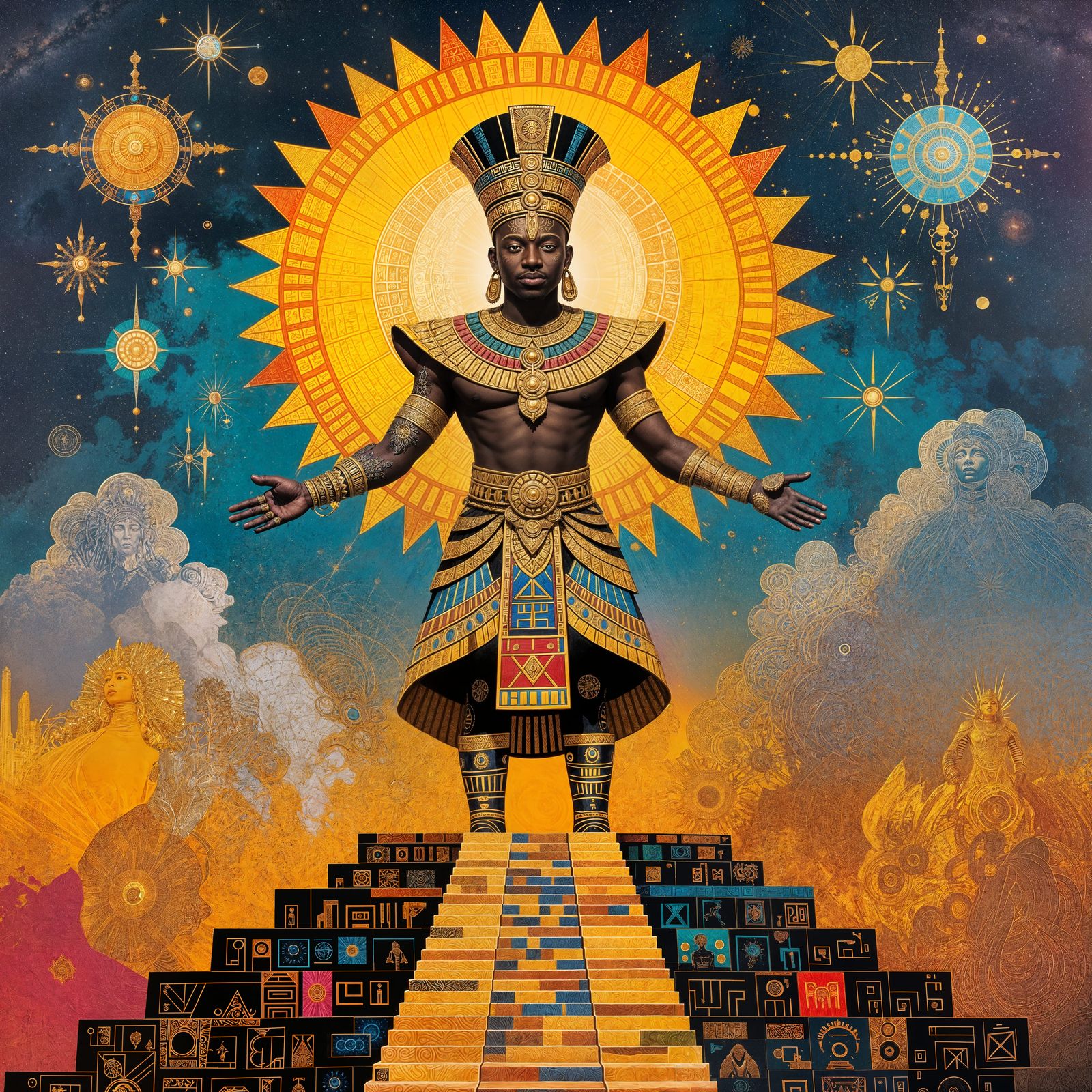 African Sun God Radiating Light on Ziggurat