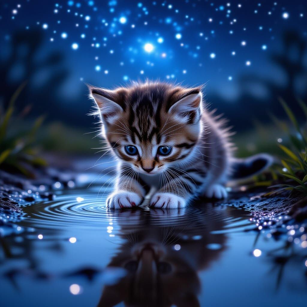 Kitten's Paw Ripples Reflect Starry Night Sky