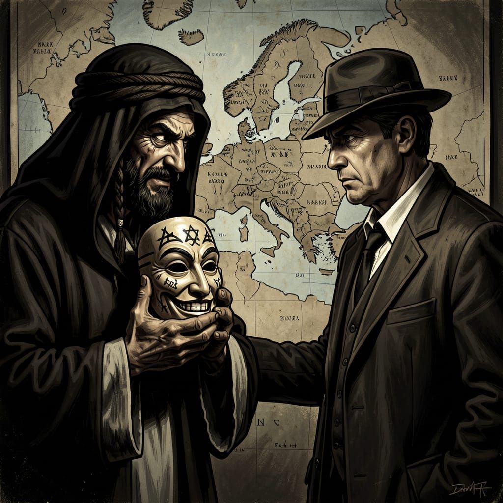 Noir Detective Confronts Deceptive Figure in Shadowy Europe