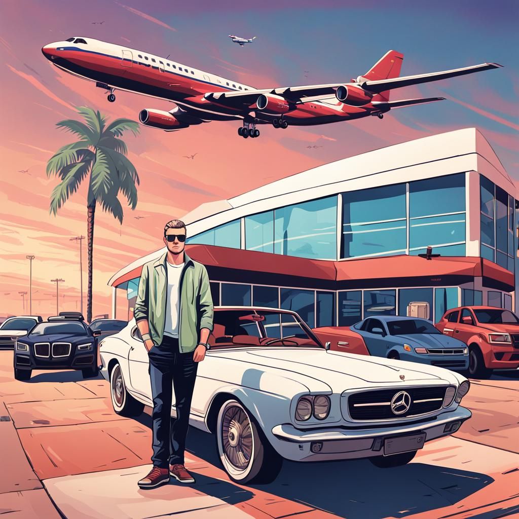 GTA-Style Portrait of Car Dealer with Luxury Cars