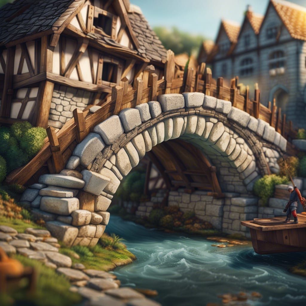 Stone Arch Bridge Construction in Medieval Village: Hyperrea...