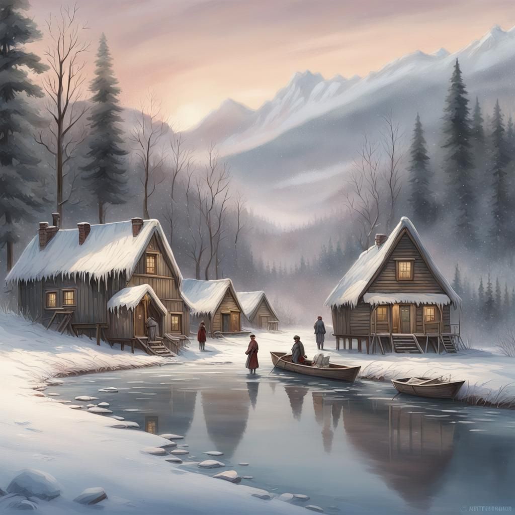 Victorian Village on Frozen River in Winter
