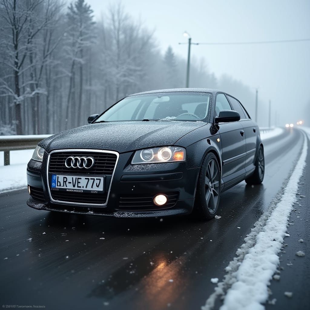 Black Audi A3 on Snowy Highway, Digital Realism