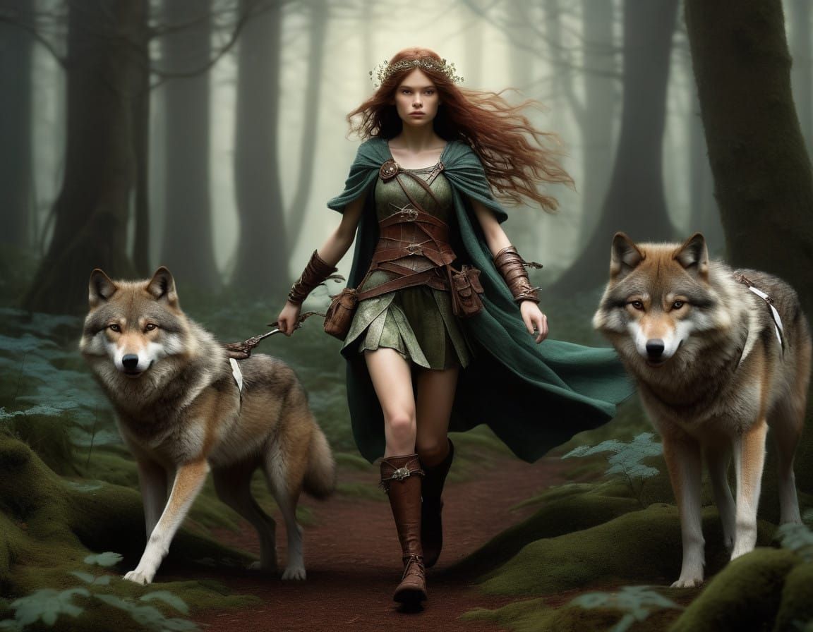 Moonlit Huntress Goddess in Earthy Armor