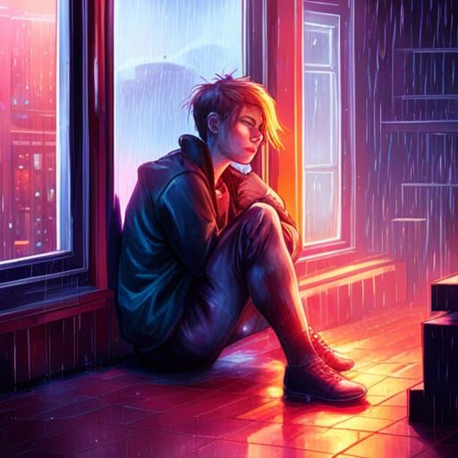 Tired Person in Cyberpunk Rain