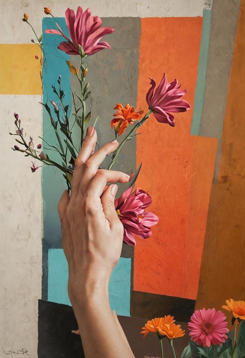 Still Life of Hands Reaching for Blooms in a Muted Palette