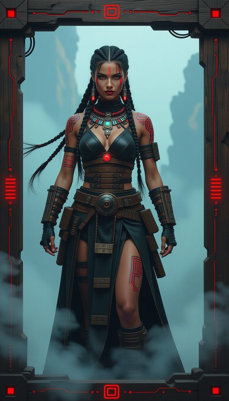 Ebony Warrior Woman with Glowing Circuit Tattoos