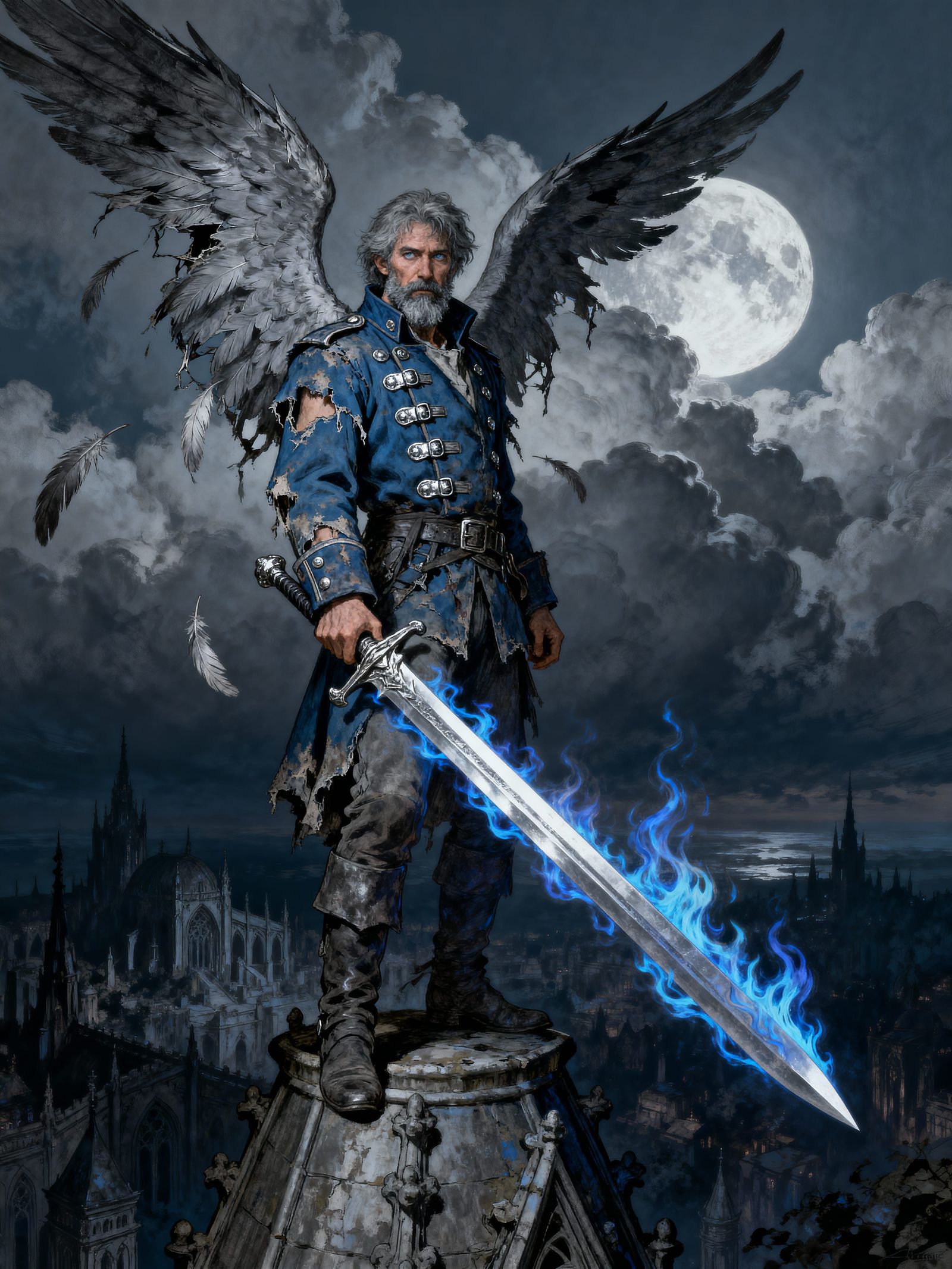 Fallen Angel Warrior Overlooking Dark City, Pen and Ink Styl...