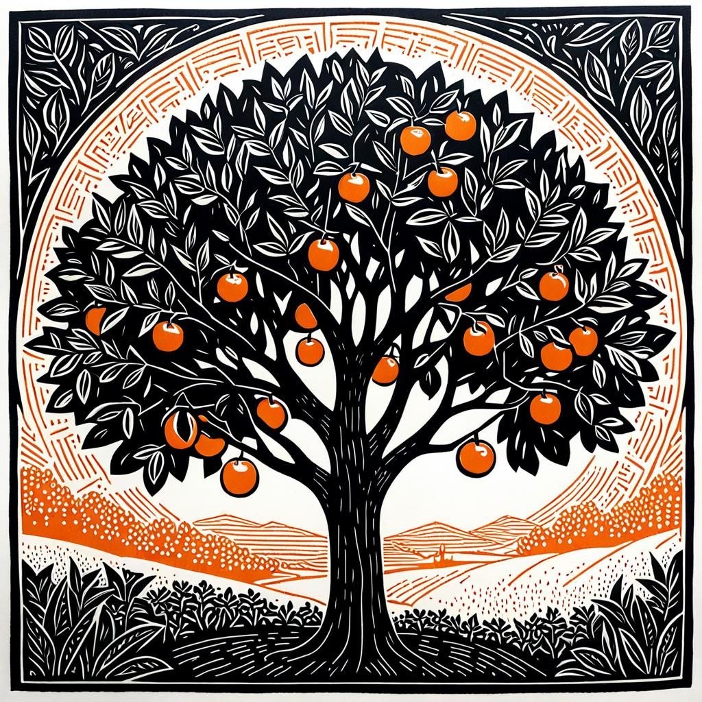 black and white relief print lino cut of an orange tree design