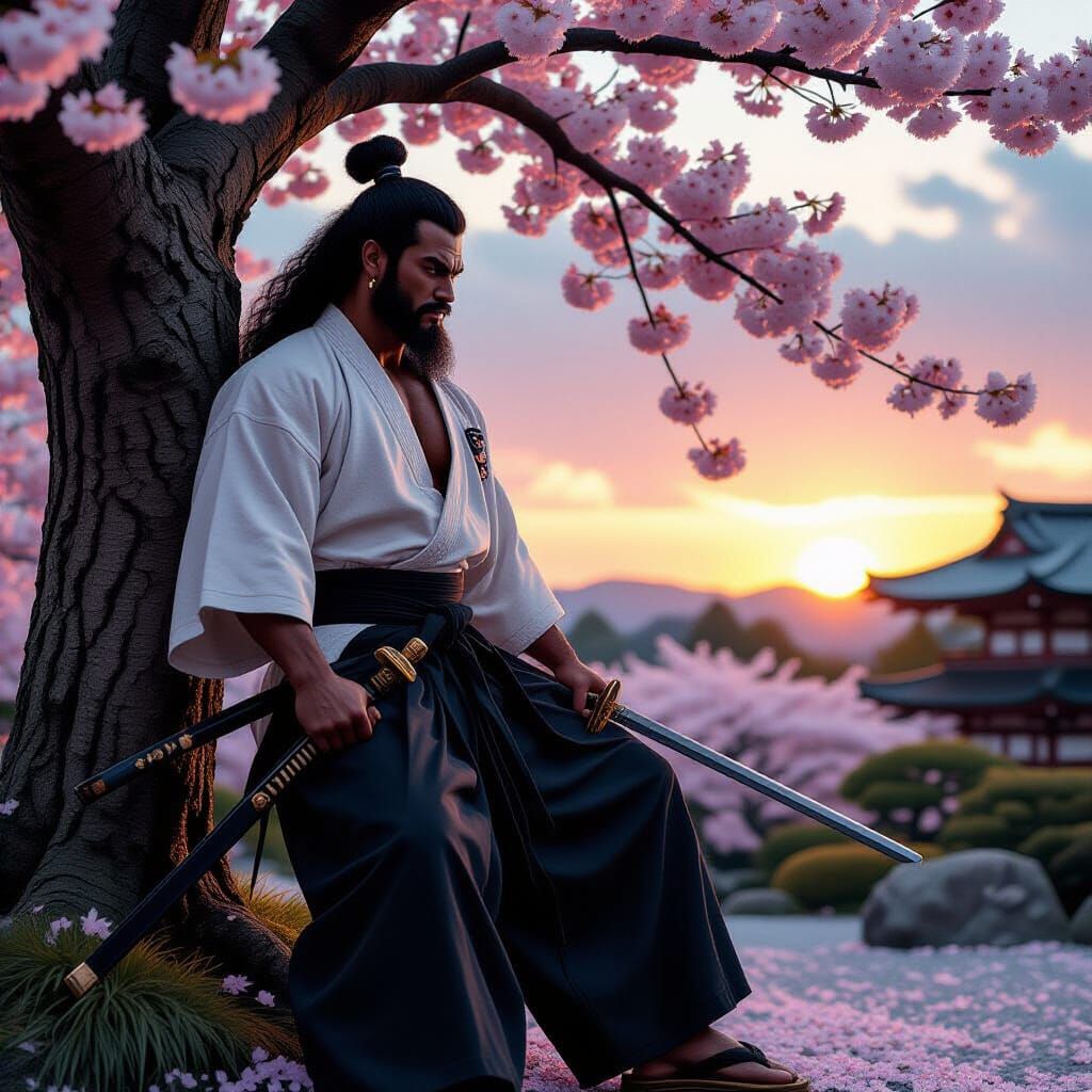 Surreal Japanese Garden: Muscular Man with Samurai Sword