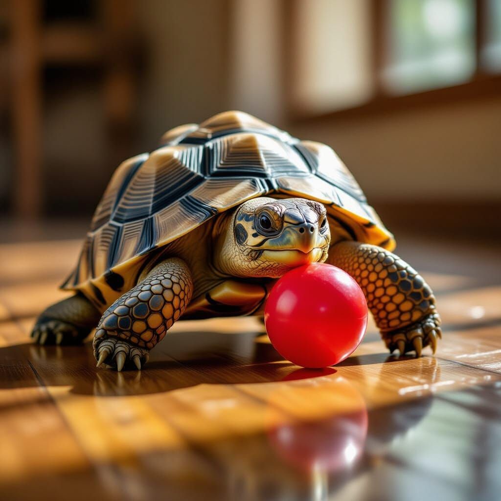 Realistic Tortoise Nudges Red Ball on Wooden Floor