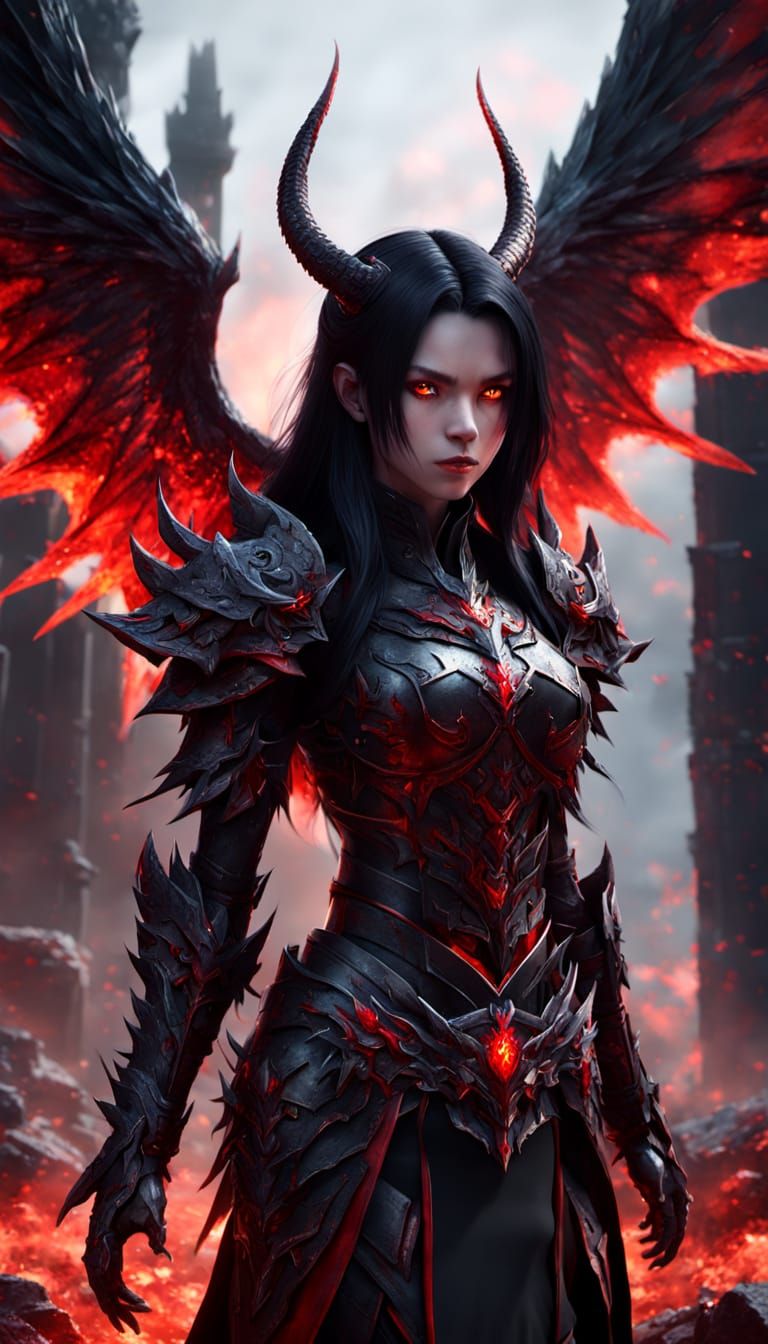 Elegant Anime Demon in Fiery Ruins