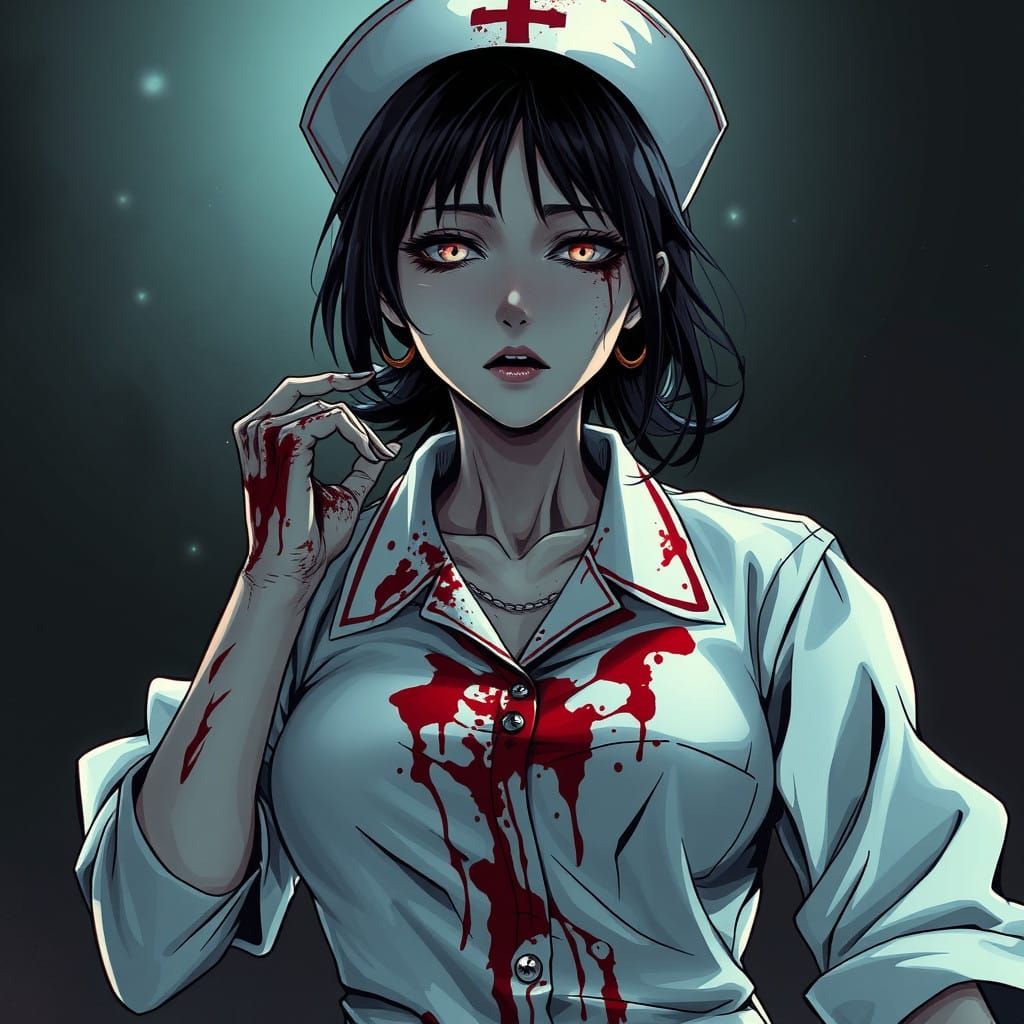 Blood-Stained Zombie Nurse in Dark, Gothic Anime Style