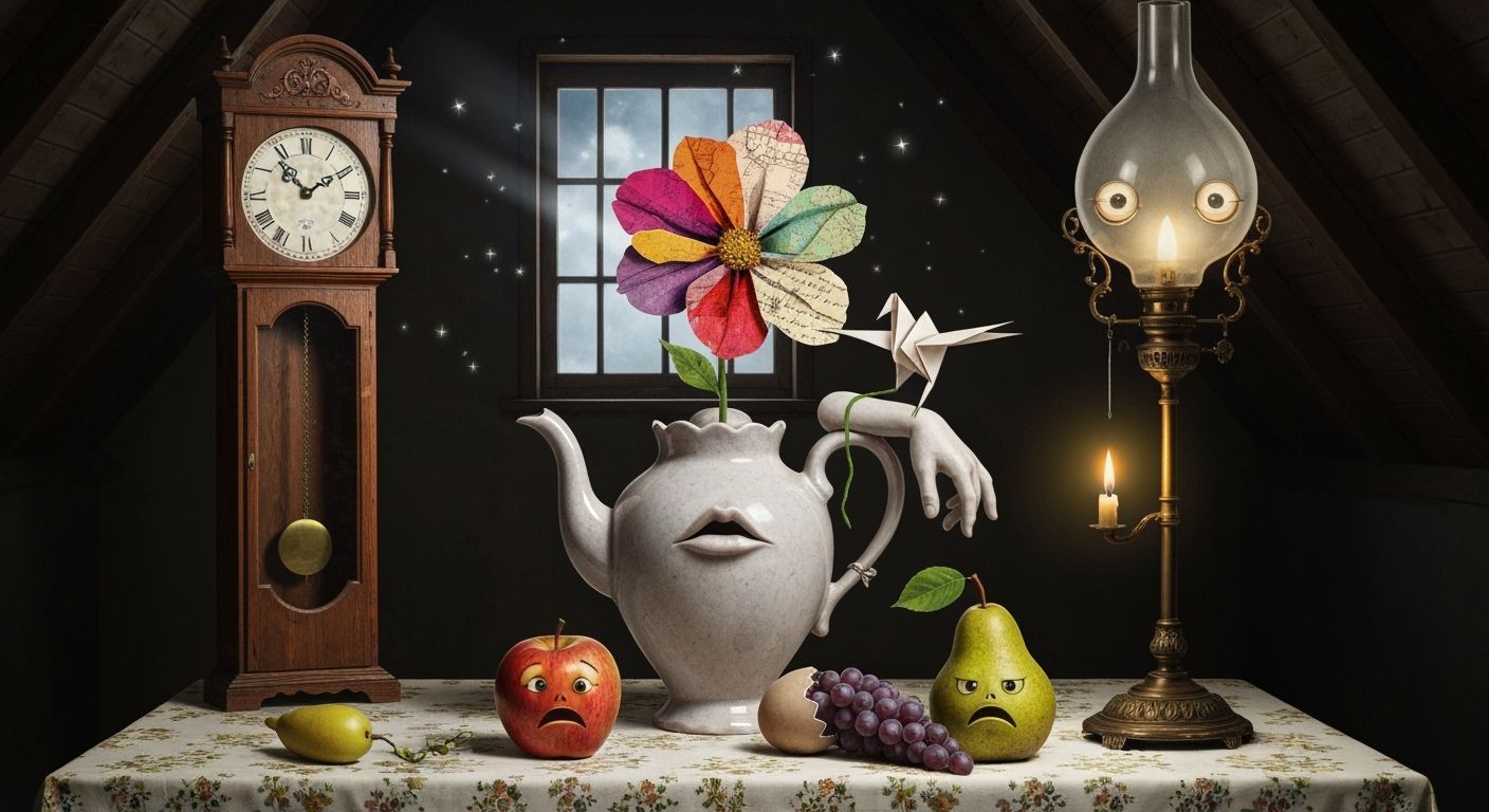 Surreal Still Life: Clock, Flower, and Lamp in Attic