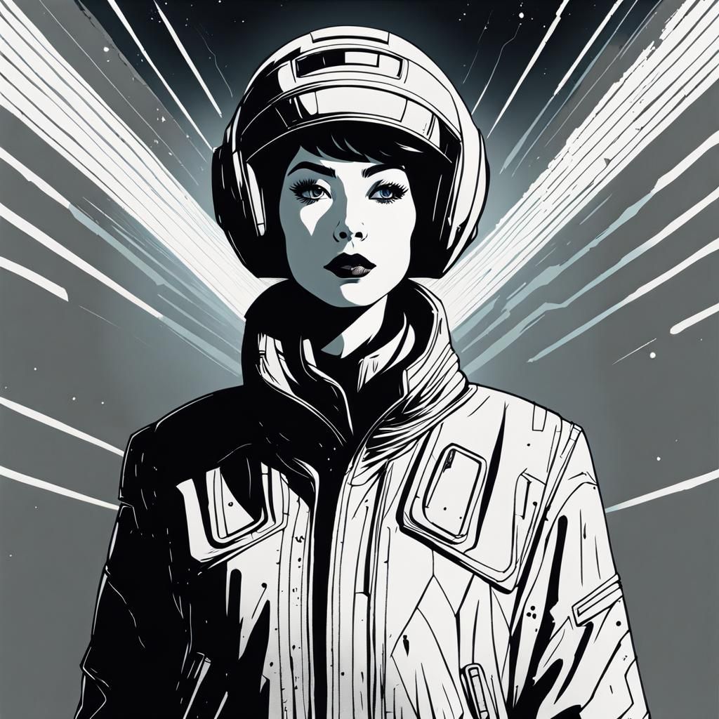 Retro Sci-Fi Singer in Distressed Ink Illustration Style