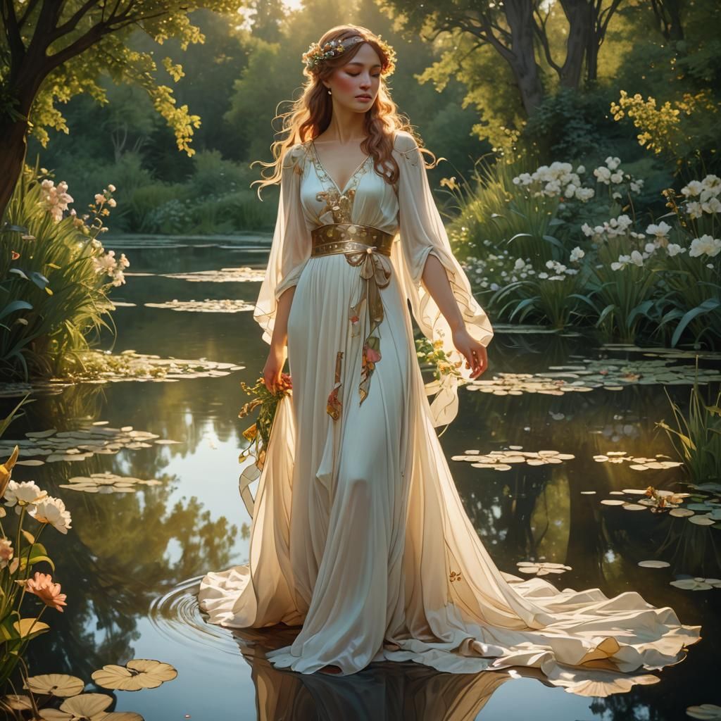 Serene Woman Amidst Lush Greenery in Art Nouveau Style