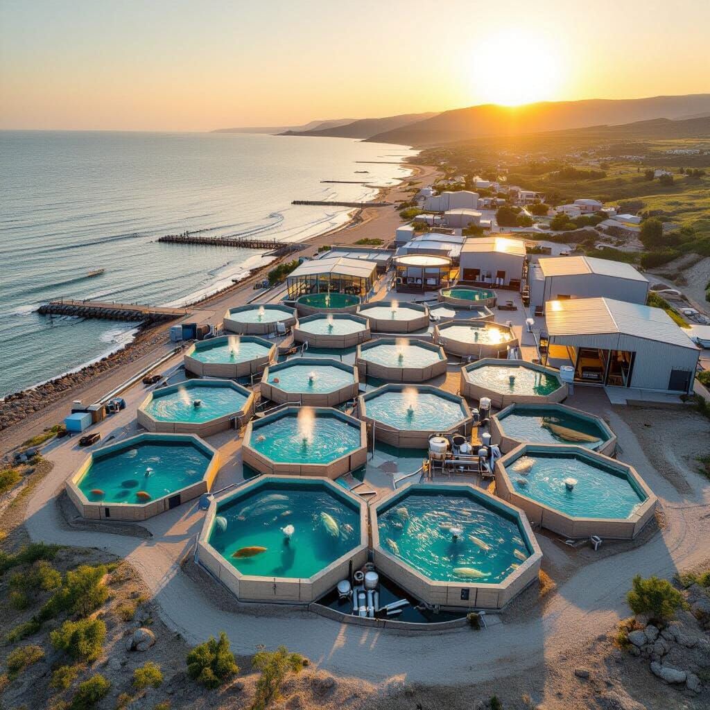 Aerial View of Caspian Sea Sturgeon Farm at Golden Hour