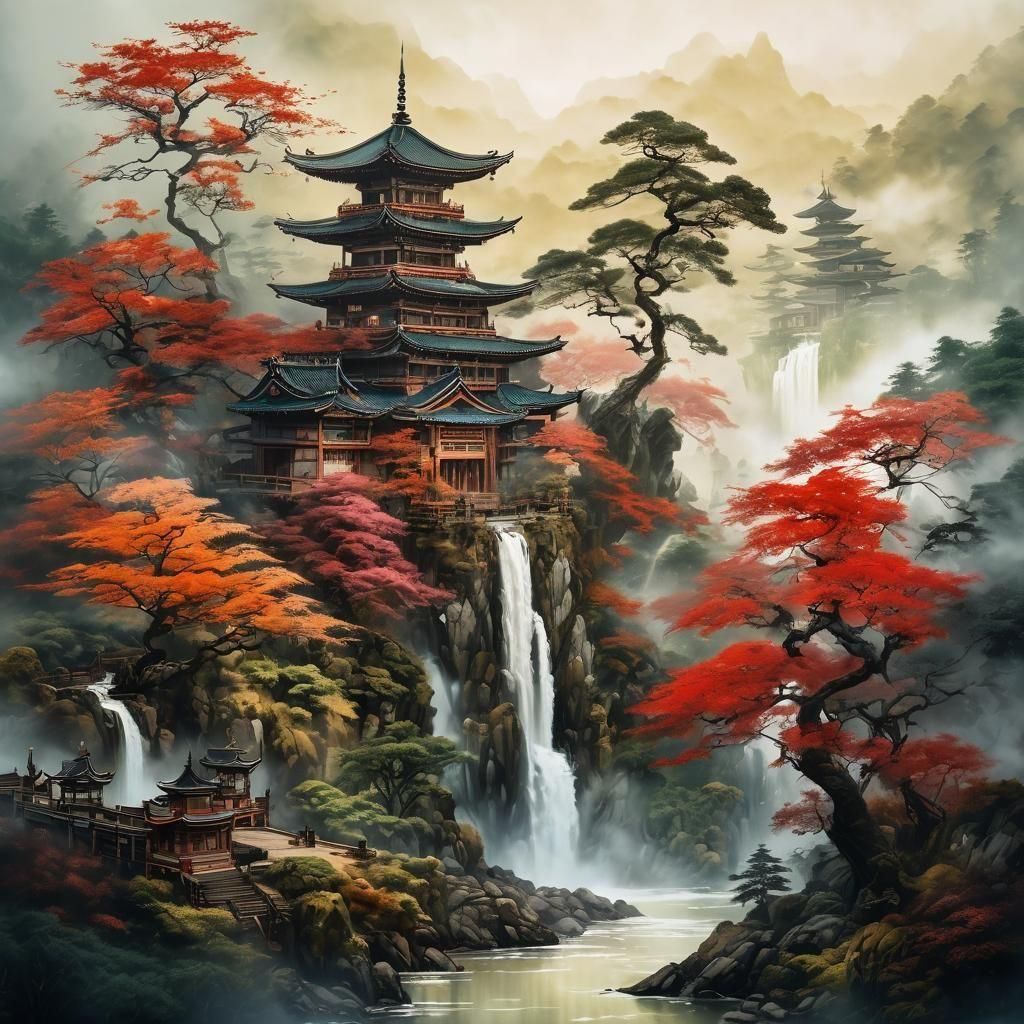 Misty Forest Temple in Ink Art Style